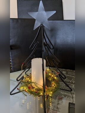 Black Metal Tree Candle Holder with White Candle and Green Wreath- Electric